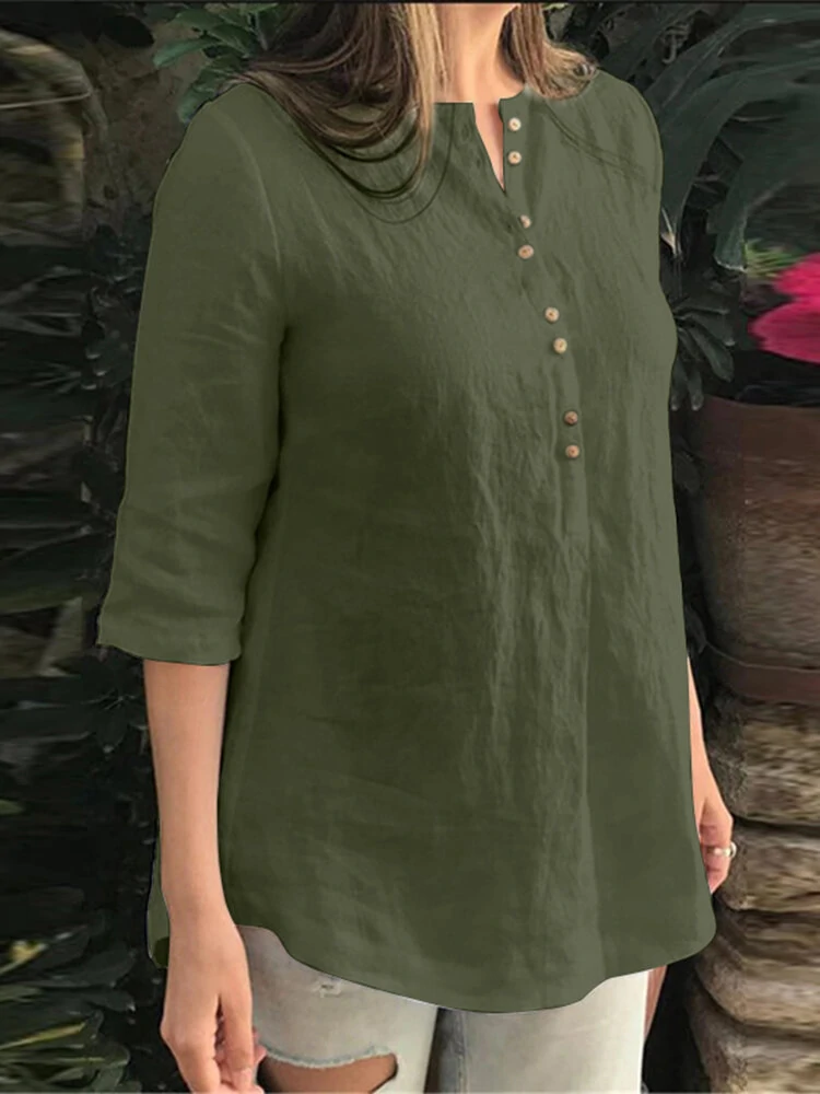 Cotton Solid Button Ruched High-Low Hem Casual Blouse — view 3