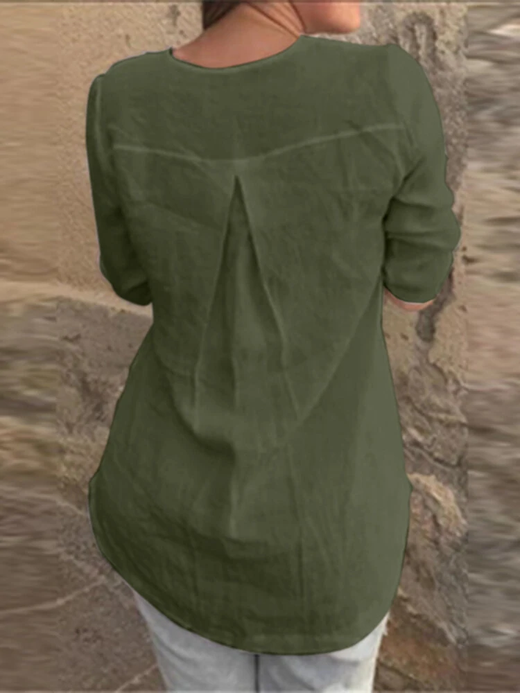 Cotton Solid Button Ruched High-Low Hem Casual Blouse — view 4