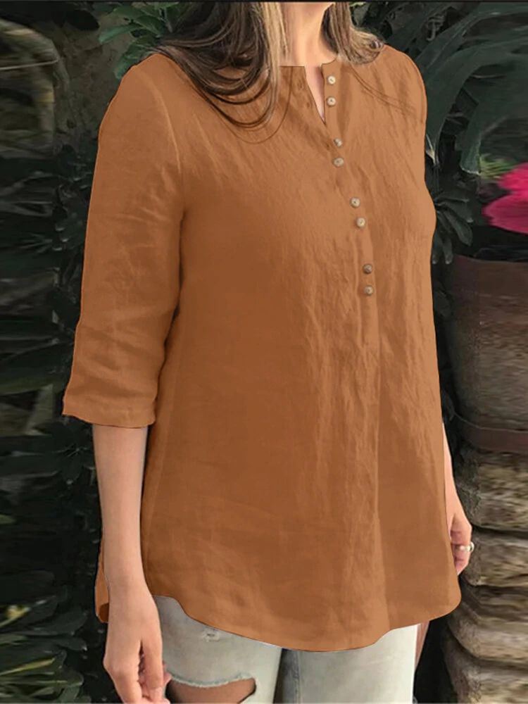 Cotton Solid Button Ruched High-Low Hem Casual Blouse — view 5