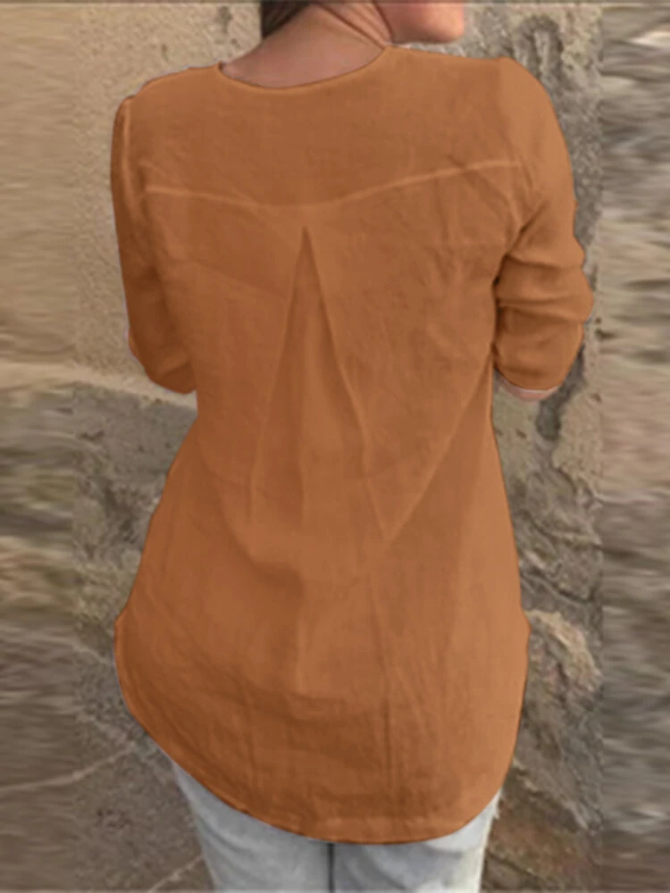 Cotton Solid Button Ruched High-Low Hem Casual Blouse — view 6