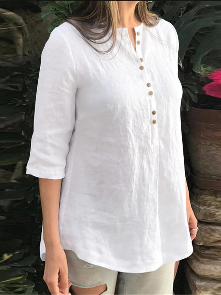 Cotton Solid Button Ruched High-Low Hem Casual Blouse — view 7