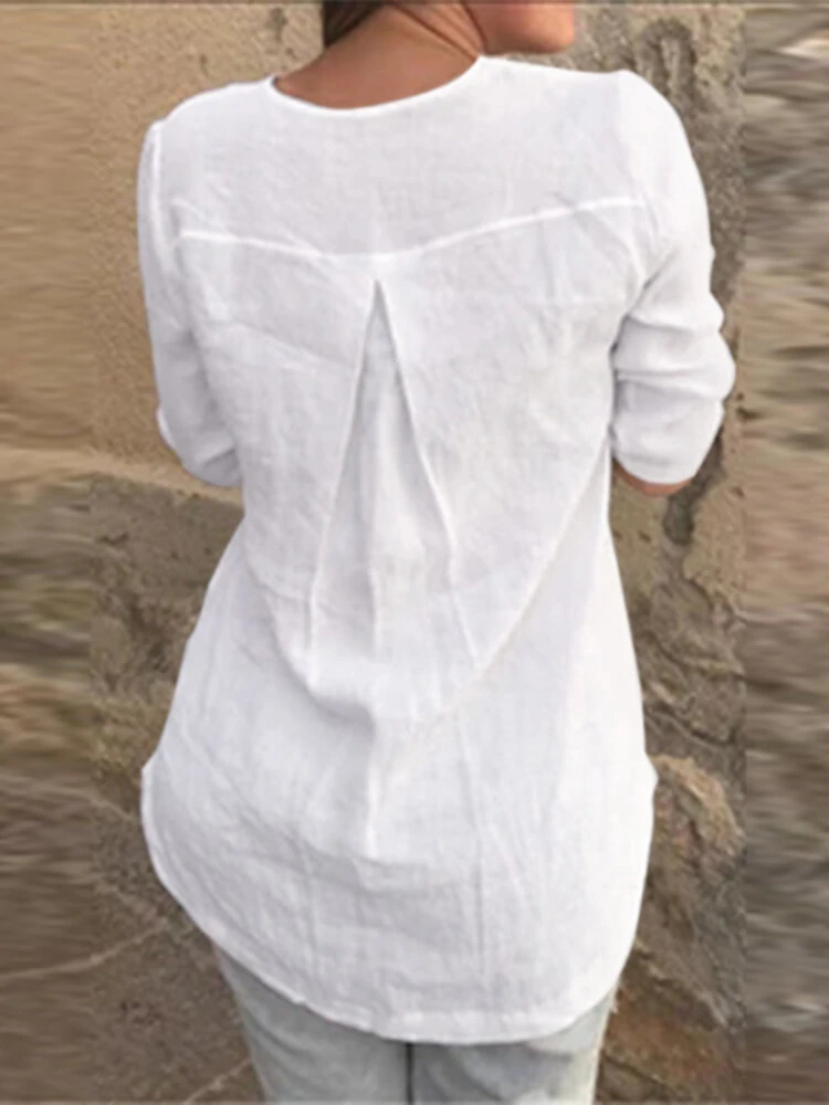 Cotton Solid Button Ruched High-Low Hem Casual Blouse — view 8