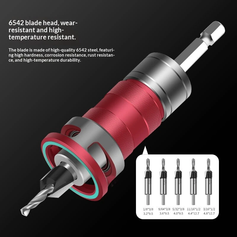 Countersink Drill And 5 Center Drill Bits 6542 Steel Aluminum Alloy 6.35mm Shank Semi-Automatic Depth Adjustment Adjustable Depth Scale Stop Function Replaceable Bits 170x100mm Red Blue Gold — view 4