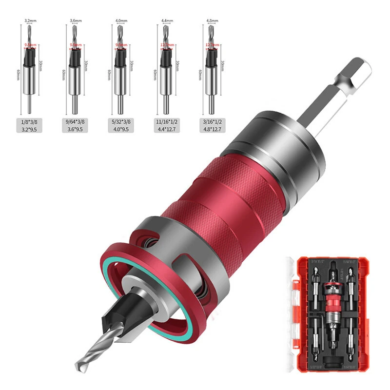 Countersink Drill And 5 Center Drill Bits 6542 Steel Aluminum Alloy 6.35mm Shank Semi-Automatic Depth Adjustment Adjustable Depth Scale Stop Function Replaceable Bits 170x100mm Red Blue Gold — view 7