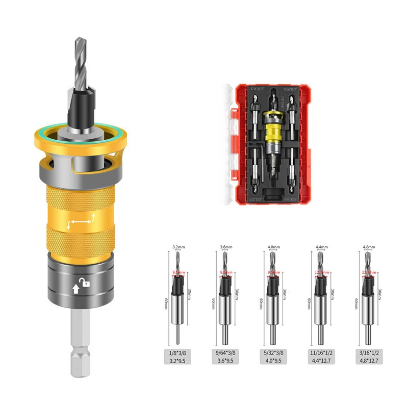 Countersink Drill And 5 Center Drill Bits 6542 Steel Aluminum Alloy 6.35mm Shank Semi-Automatic Depth Adjustment Adjustable Depth Scale Stop Function Replaceable Bits 170x100mm Red Blue Gold — view 9