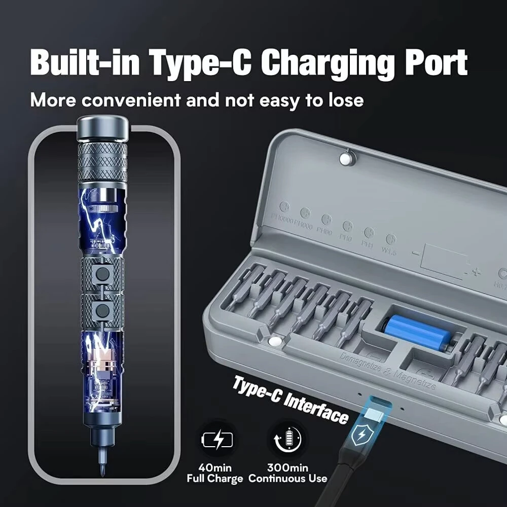 CreationSpace CS0603A Mini Electric Screwdriver Set Rechargeable Lithium Technology 3 Adjustable Speed 200rpm Torque Precision Tool — view 8