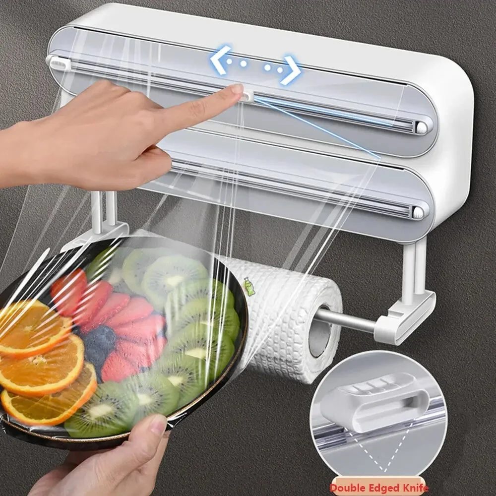 Creative Magnetic Wall-mounted Multifunctional Double-layer Plastic Wrap Cutter Baking Cutter Adjustable Kitchen Supplies Storage — view 2