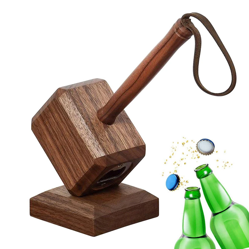 Creative Wooden Retro Bottle Openers Multifunction Hammer Shaped Drinks Corkscrew Long Handle Bottle Opener with Magnet — view 3