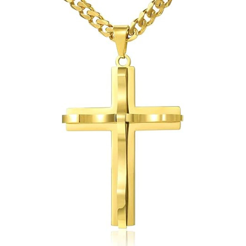Cross Pendant Necklaces For Men Women Golden Silvery Stainless Steel Charm Chain Male Hip Hop Jewelry — view 3