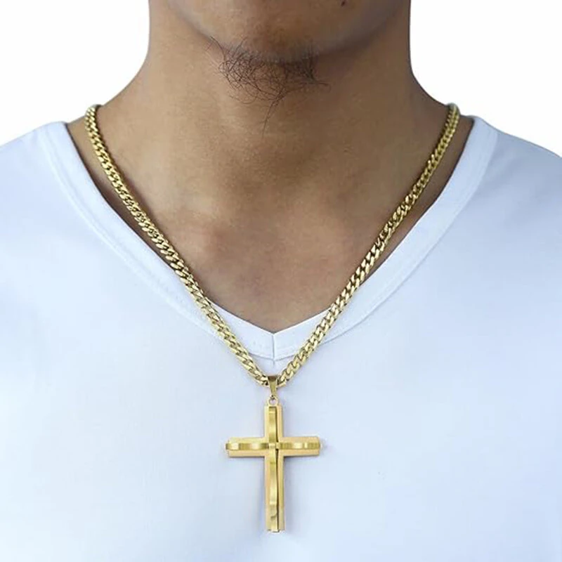 Cross Pendant Necklaces For Men Women Golden Silvery Stainless Steel Charm Chain Male Hip Hop Jewelry — view 4