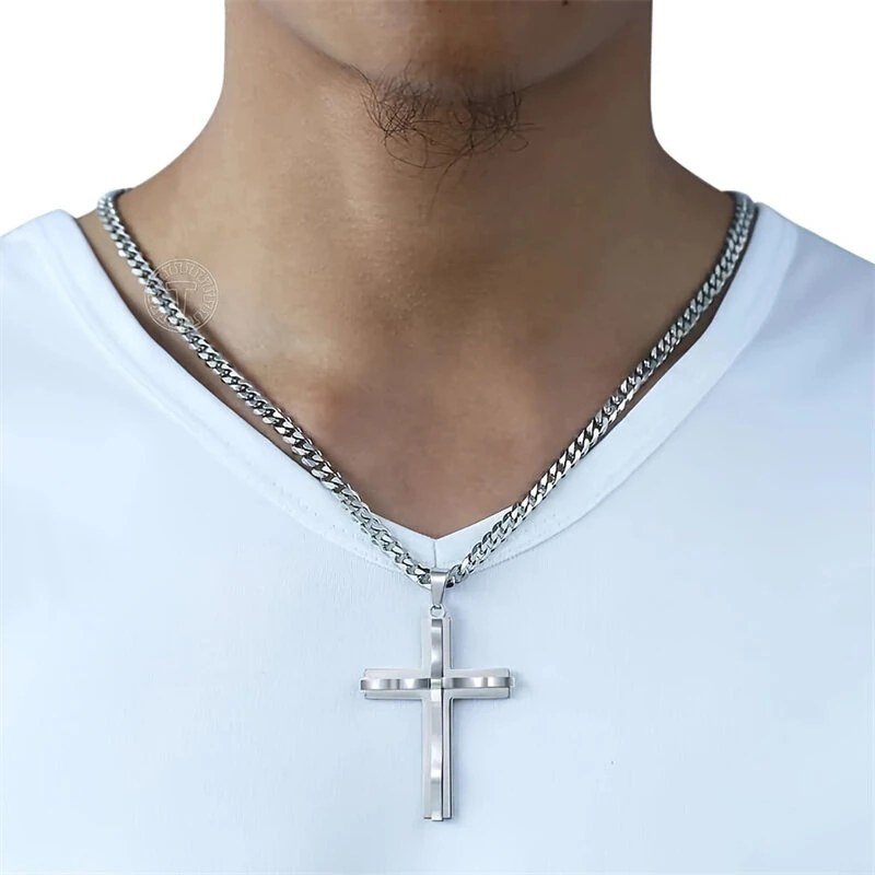 Cross Pendant Necklaces For Men Women Golden Silvery Stainless Steel Charm Chain Male Hip Hop Jewelry — view 5