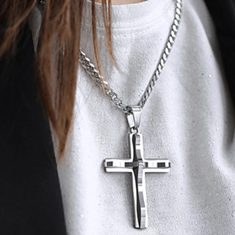 Cross Pendant Necklaces For Men Women Golden Silvery Stainless Steel Charm Chain Male Hip Hop Jewelry — view 7