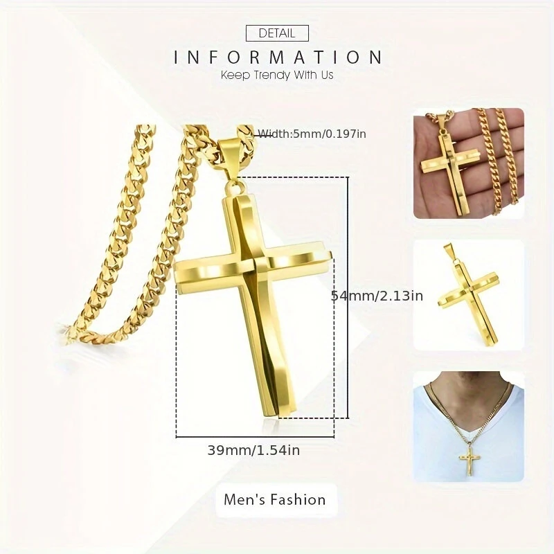 Cross Pendant Necklaces For Men Women Golden Silvery Stainless Steel Charm Chain Male Hip Hop Jewelry — view 8