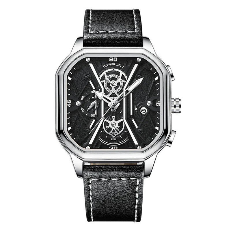 CRRJU Fashion Square Men's Watches Bussiness Quartz Watch Luxury Leather Wristwatch Waterproof Chronograph Sports Watch — view 2