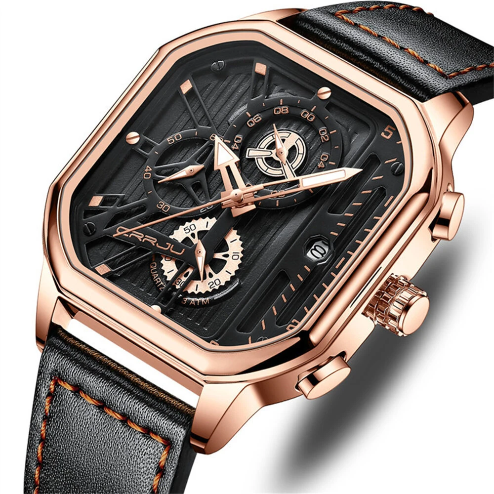 CRRJU Men's Luminous Waterproof Sports Watch Square Dial Chronograph Business Casual Quartz Wristwatches — view 2