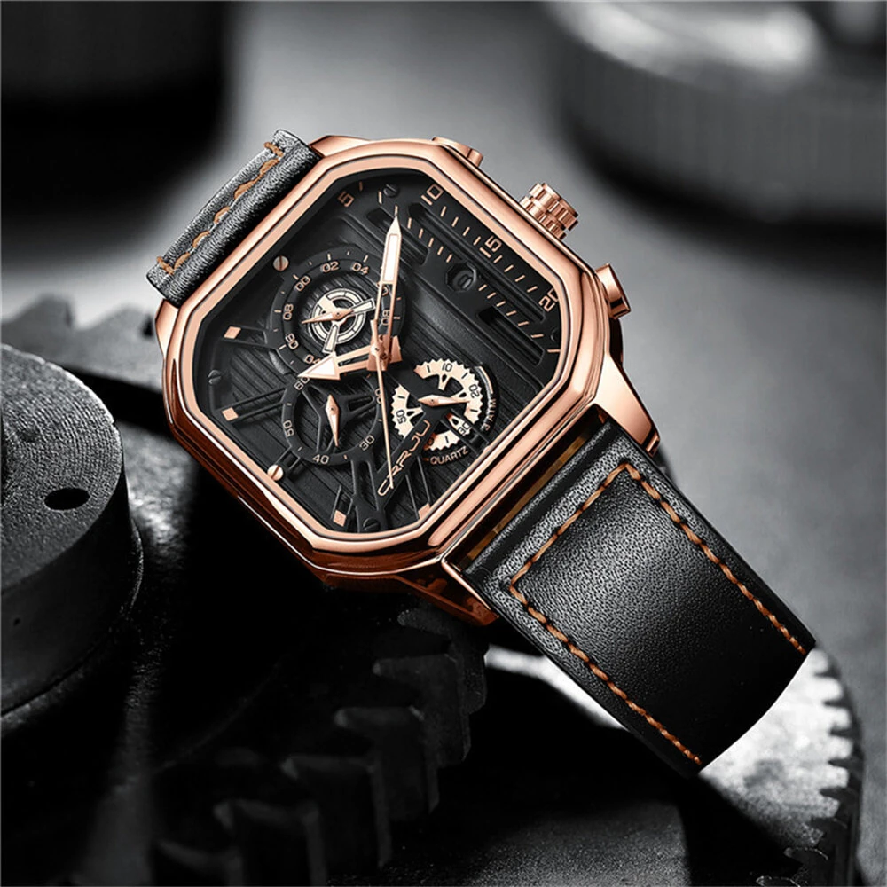 CRRJU Men's Luminous Waterproof Sports Watch Square Dial Chronograph Business Casual Quartz Wristwatches — view 3