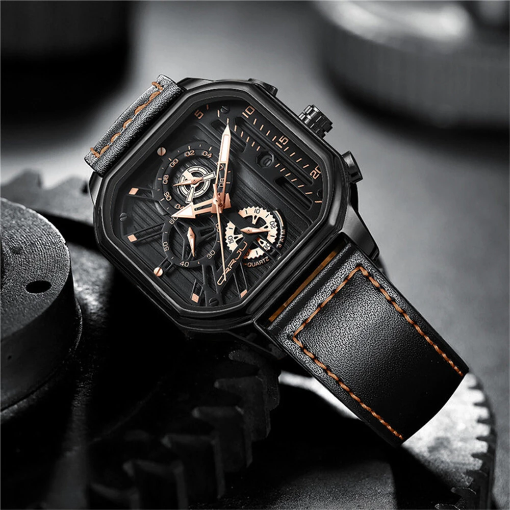 CRRJU Men's Luminous Waterproof Sports Watch Square Dial Chronograph Business Casual Quartz Wristwatches — view 4