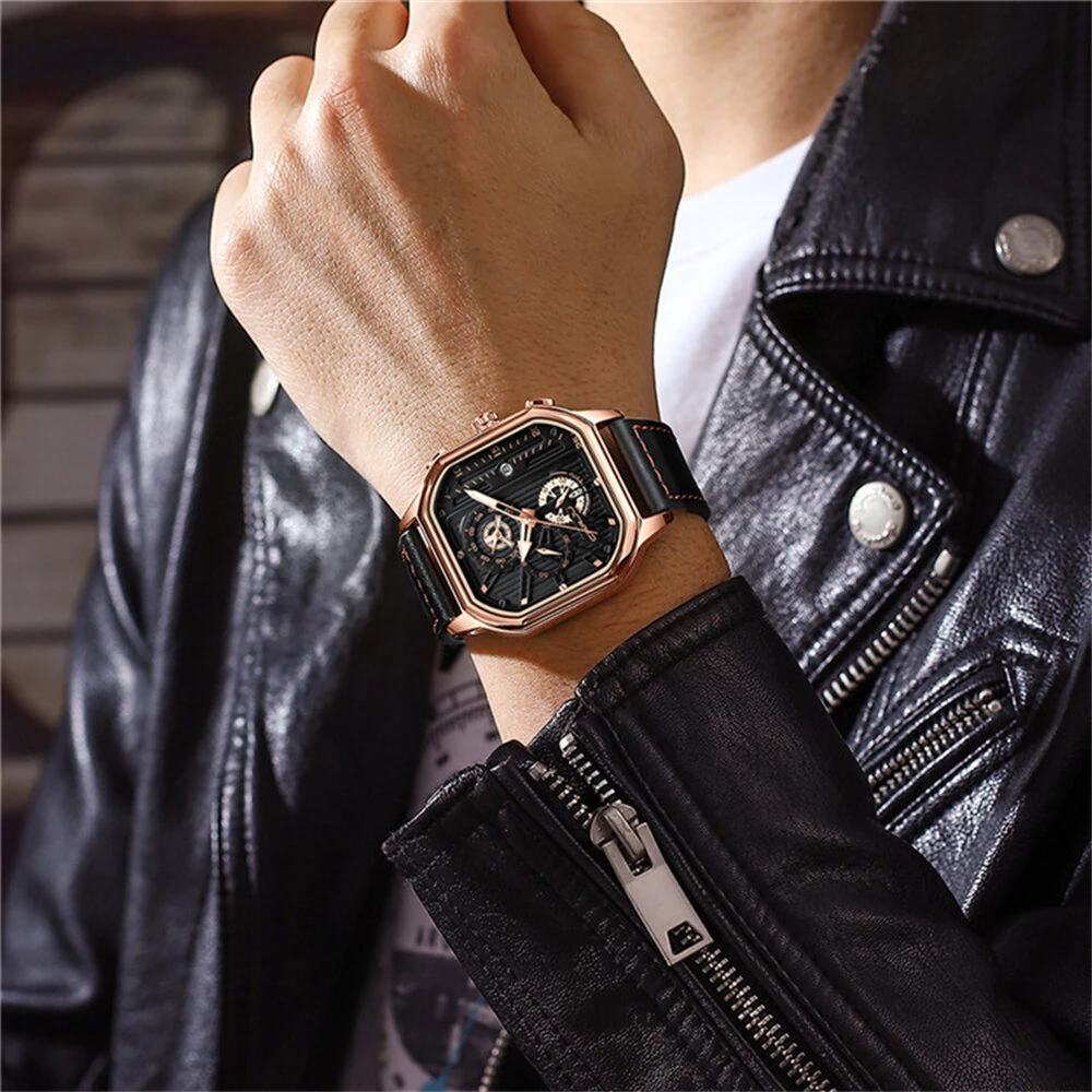 CRRJU Men's Luminous Waterproof Sports Watch Square Dial Chronograph Business Casual Quartz Wristwatches — view 5