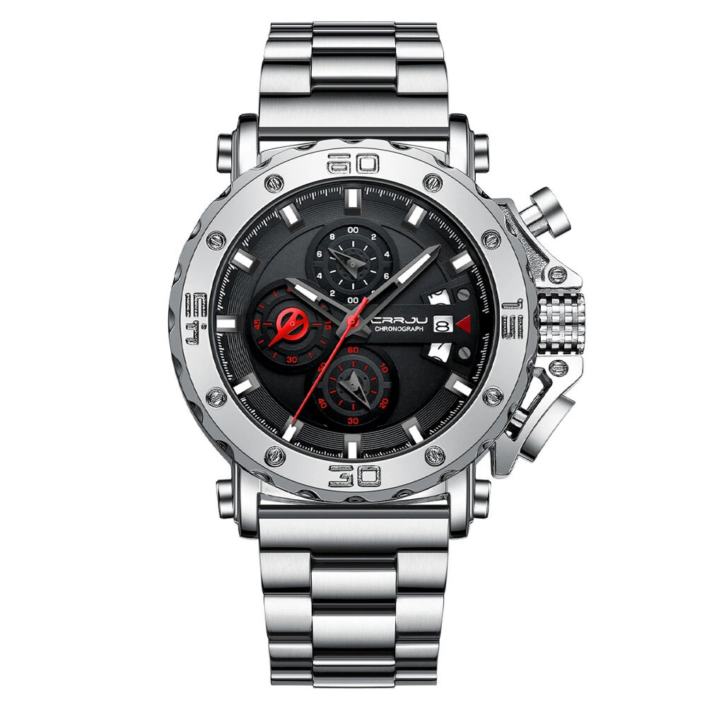 CRRJU Men's Quartz Chronograph Watch Stainless Steel Strap Waterproof Large Dial Luminous Sport Wristwatch with Date Function — CRRJU