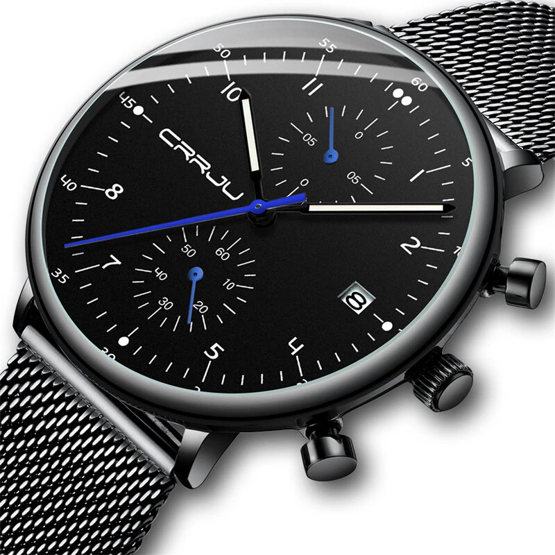 CRRJU Men's Watches Luxury Fashion Large Dial Watches Stainless Steel Quartz Watch Waterproof Chronograph Business Casual Wristwatch — view 4