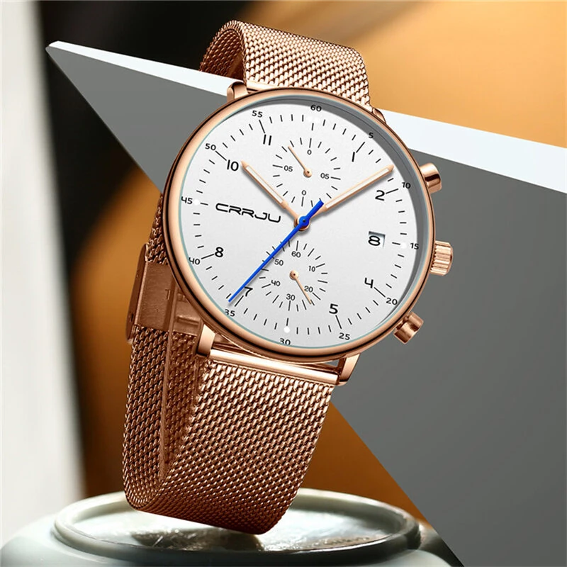 CRRJU Men's Watches Luxury Fashion Large Dial Watches Stainless Steel Quartz Watch Waterproof Chronograph Business Casual Wristwatch — view 7