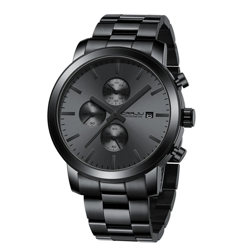 CRRJU Mens Chronograph Watch, Stainless Steel Strap Men Watch, Fashion Waterproof Black Wristwatch with a Box Male Ideal Choice for Gifts — CRRJU