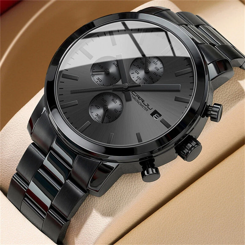 CRRJU Mens Chronograph Watch, Stainless Steel Strap Men Watch, Fashion Waterproof Black Wristwatch with a Box Male Ideal Choice for Gifts — view 2