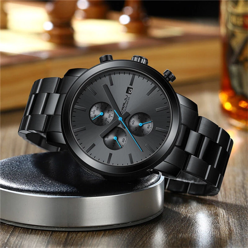 CRRJU Mens Chronograph Watch, Stainless Steel Strap Men Watch, Fashion Waterproof Black Wristwatch with a Box Male Ideal Choice for Gifts — view 3