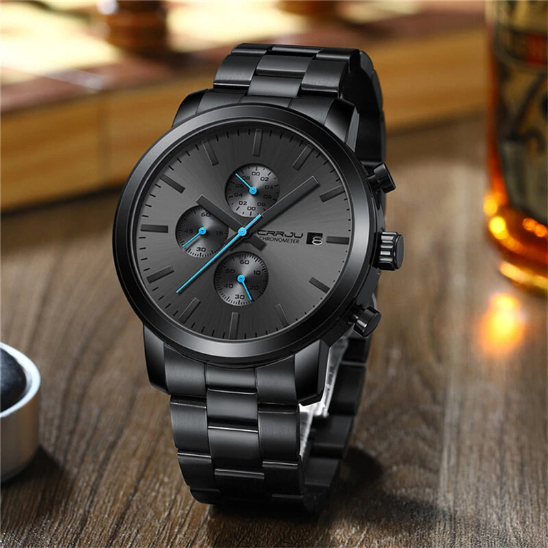CRRJU Mens Chronograph Watch, Stainless Steel Strap Men Watch, Fashion Waterproof Black Wristwatch with a Box Male Ideal Choice for Gifts — view 4