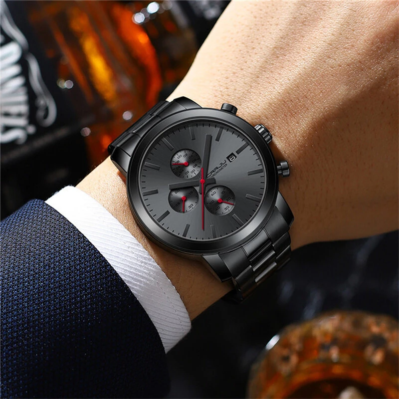 CRRJU Mens Chronograph Watch, Stainless Steel Strap Men Watch, Fashion Waterproof Black Wristwatch with a Box Male Ideal Choice for Gifts — view 5