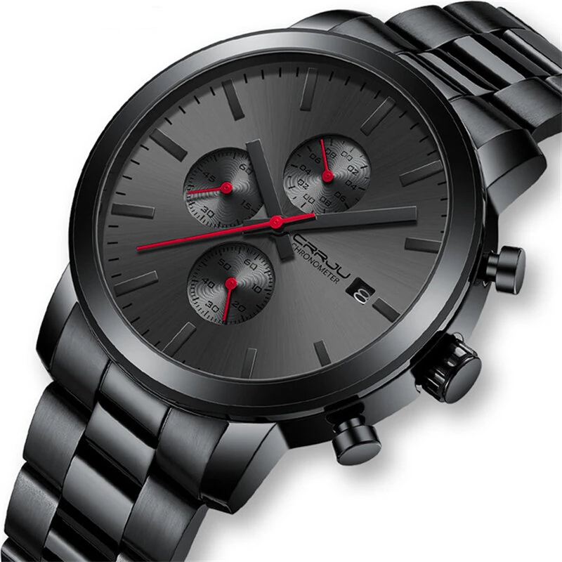 CRRJU Mens Chronograph Watch, Stainless Steel Strap Men Watch, Fashion Waterproof Black Wristwatch with a Box Male Ideal Choice for Gifts — view 6