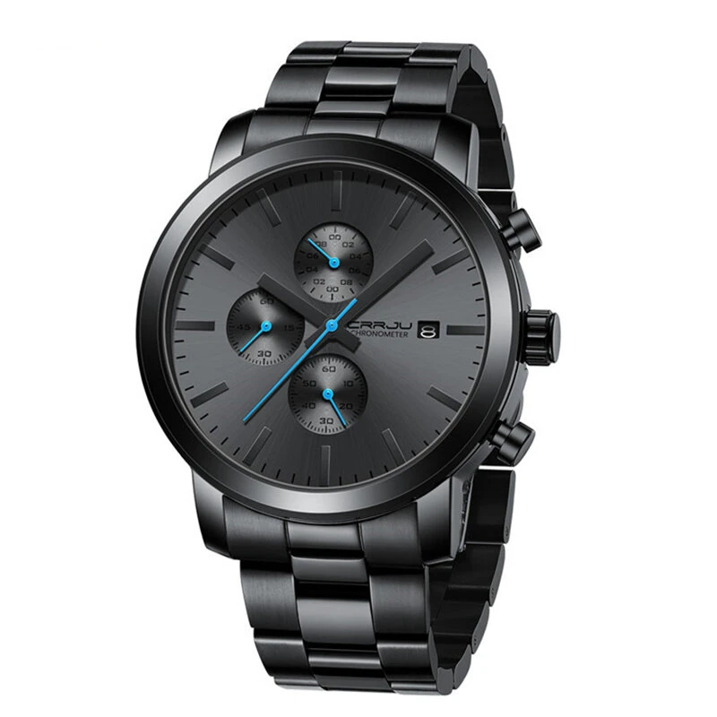 CRRJU Mens Chronograph Watch, Stainless Steel Strap Men Watch, Fashion Waterproof Black Wristwatch with a Box Male Ideal Choice for Gifts — view 8