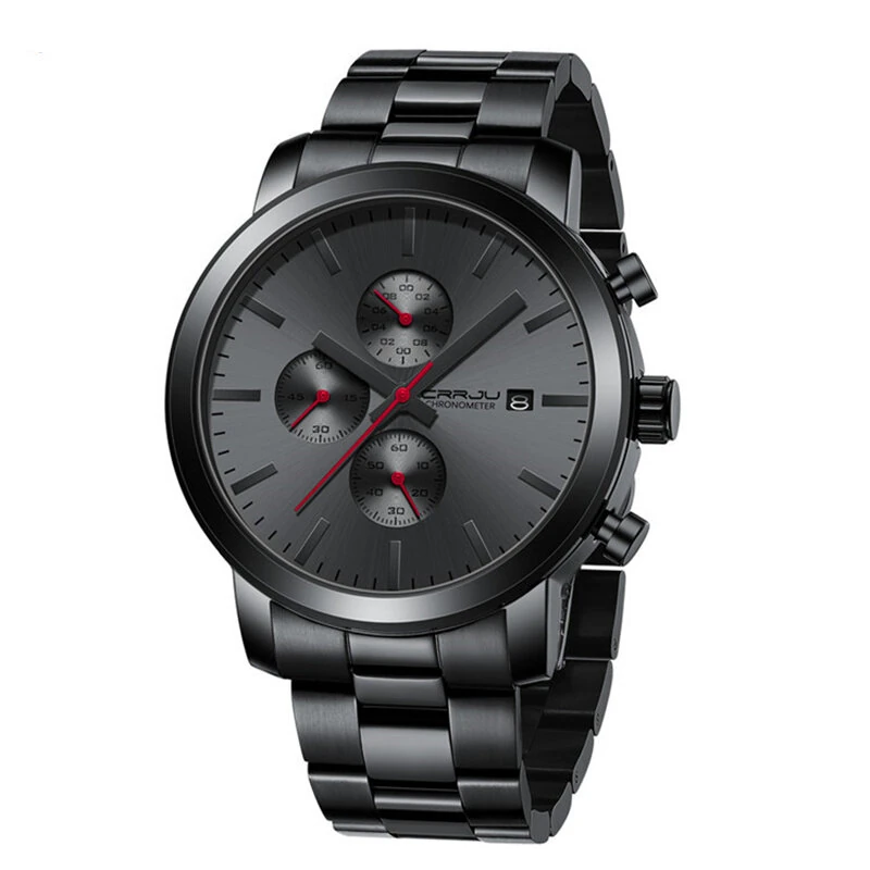 CRRJU Mens Chronograph Watch, Stainless Steel Strap Men Watch, Fashion Waterproof Black Wristwatch with a Box Male Ideal Choice for Gifts — view 9
