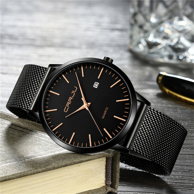 CRRJU Thin Men Watch Casual Simple Calendar Watch Quartz Watch Waterproof Sports Black Watches, Ideal choice for Gifts — view 3