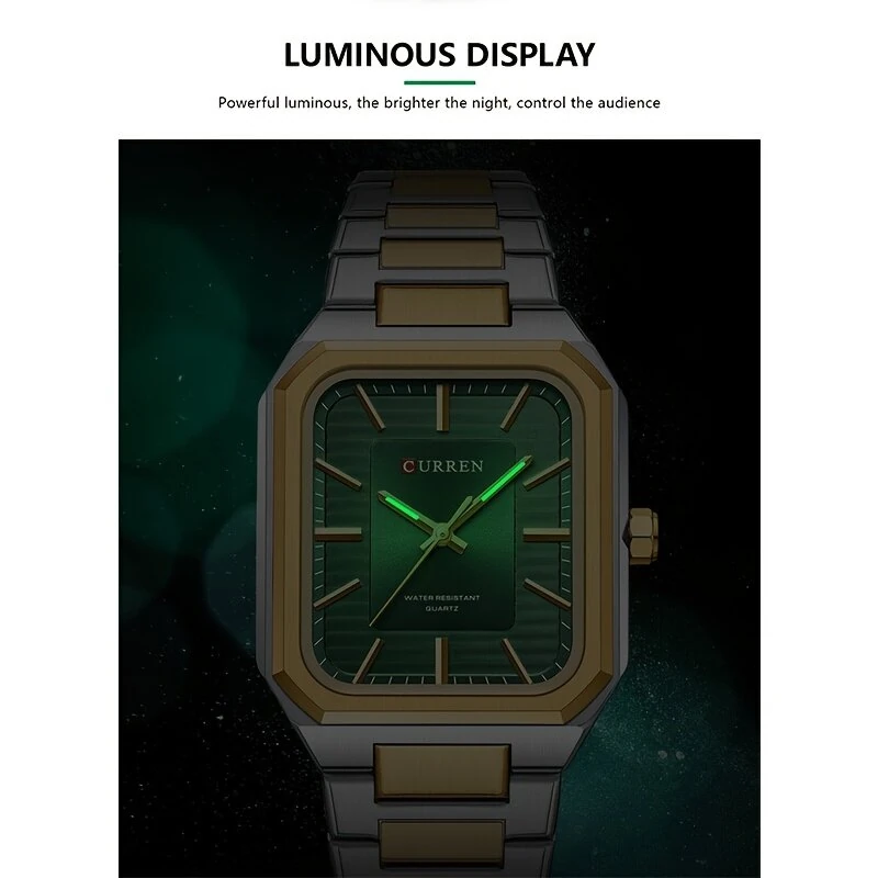 CURREN Fashion Rectangular Business Watches for Men Waterproof Luminous Hands Stainless Steel Simple Vintage Quartz Wristwatch — view 5
