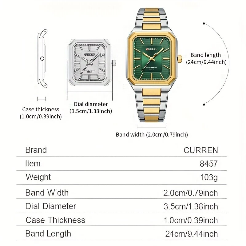 CURREN Fashion Rectangular Business Watches for Men Waterproof Luminous Hands Stainless Steel Simple Vintage Quartz Wristwatch — view 6
