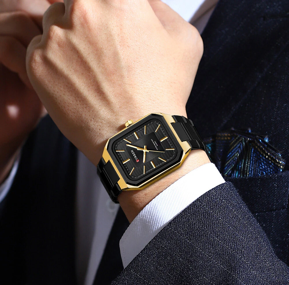 CURREN Fashion Rectangular Business Watches for Men Waterproof Luminous Hands Stainless Steel Simple Vintage Quartz Wristwatch — view 7