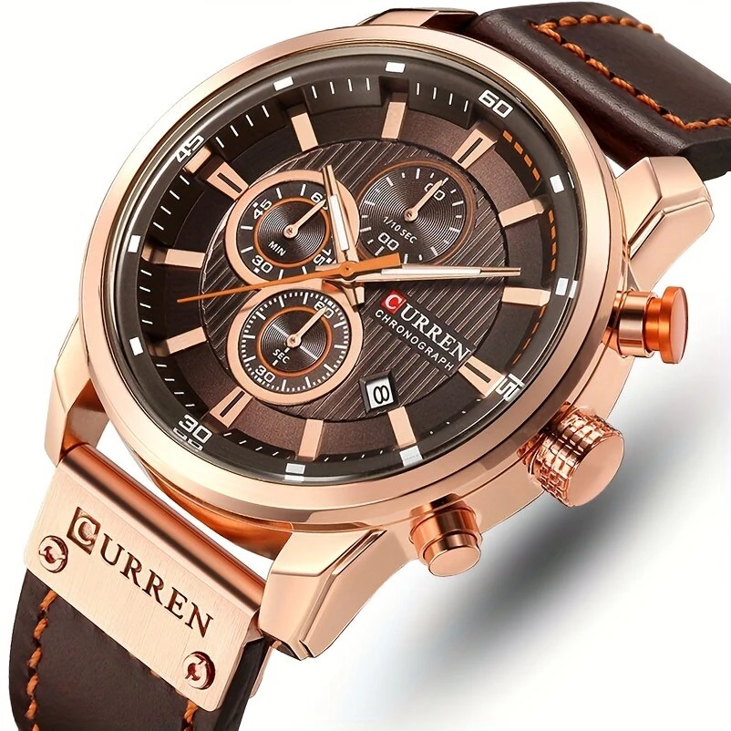 CURREN Men Leather Strap Sport Watches Six-hand Chronograph Wristwatch Waterproof Watches Multifunctional Quartz Watch — CURREN