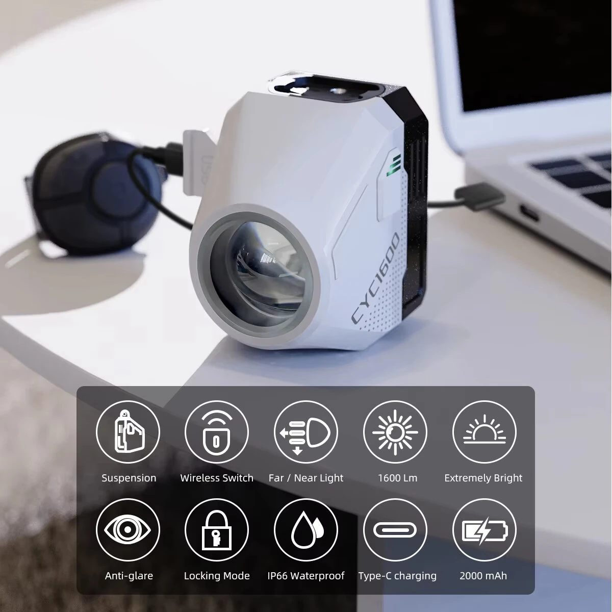 CYCLAMI CYC1600 Wireless Remote Bicycle Headlight 1600 LM Crane-mounted Cycling Front Light Waterproof Type-C Charging Bike Lamp for MTB Outdoor Riding Safety — view 4