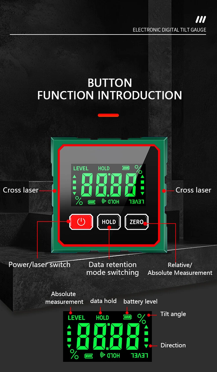 CZDang Digital Display Inclinometer Four-sided magnet Angle Finder Bevel Gauge Protractor with 1.8"FSTN Screen Rechargeable Battery Four-Sided Magnets Type-C Charging — view 6