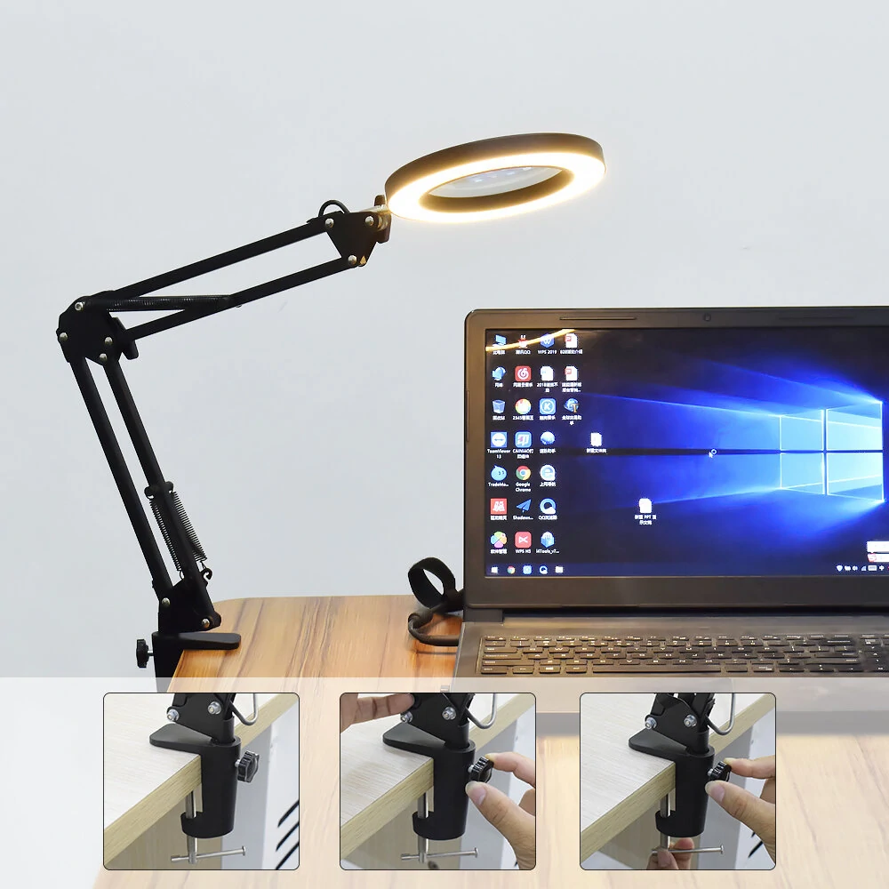DANIU Flexible Desk Large 5X USB LED Magnifying Glass 33cm+33cm Bracket 3 Colors Illuminated Magnifier Lamp Loupe — view 3