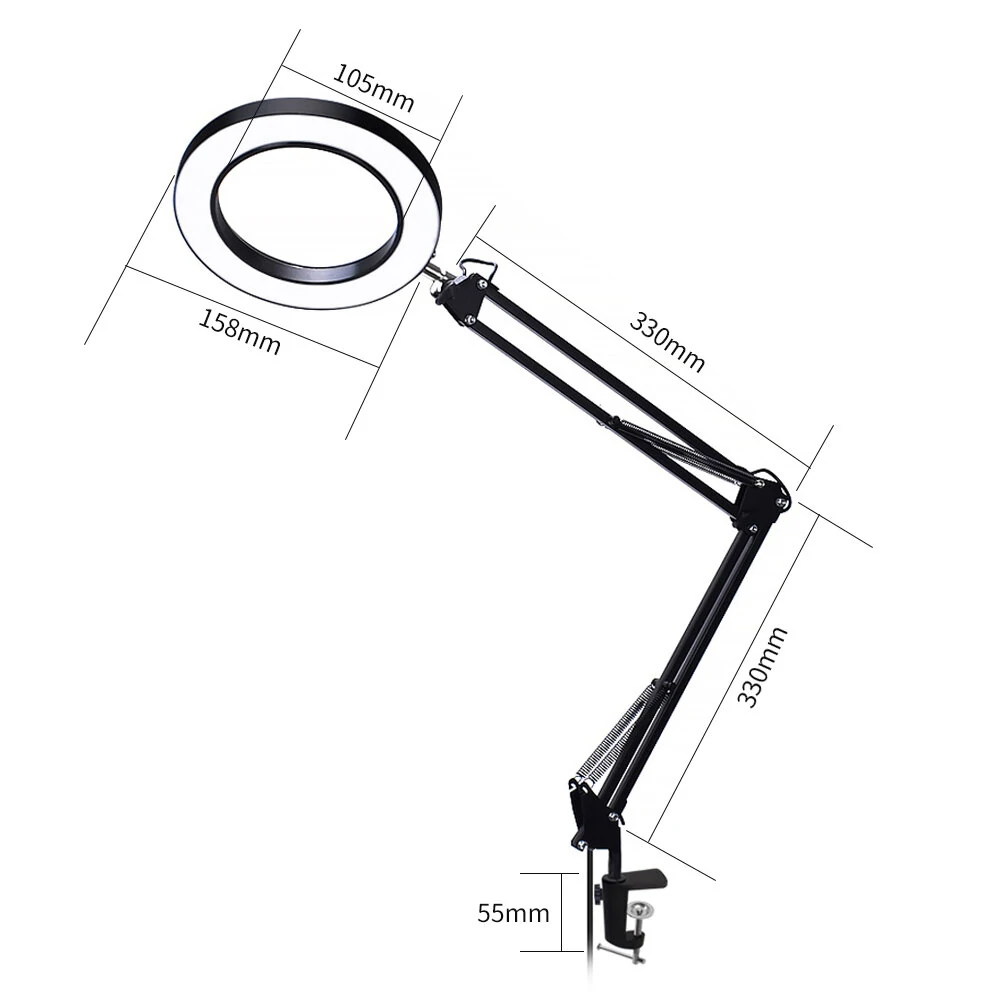 DANIU Flexible Desk Large 5X USB LED Magnifying Glass 33cm+33cm Bracket 3 Colors Illuminated Magnifier Lamp Loupe — view 4