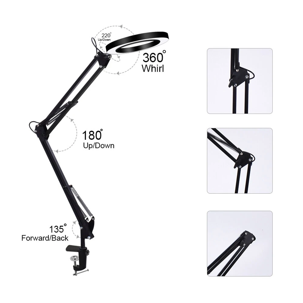 DANIU Flexible Desk Large 5X USB LED Magnifying Glass 33cm+33cm Bracket 3 Colors Illuminated Magnifier Lamp Loupe — view 7