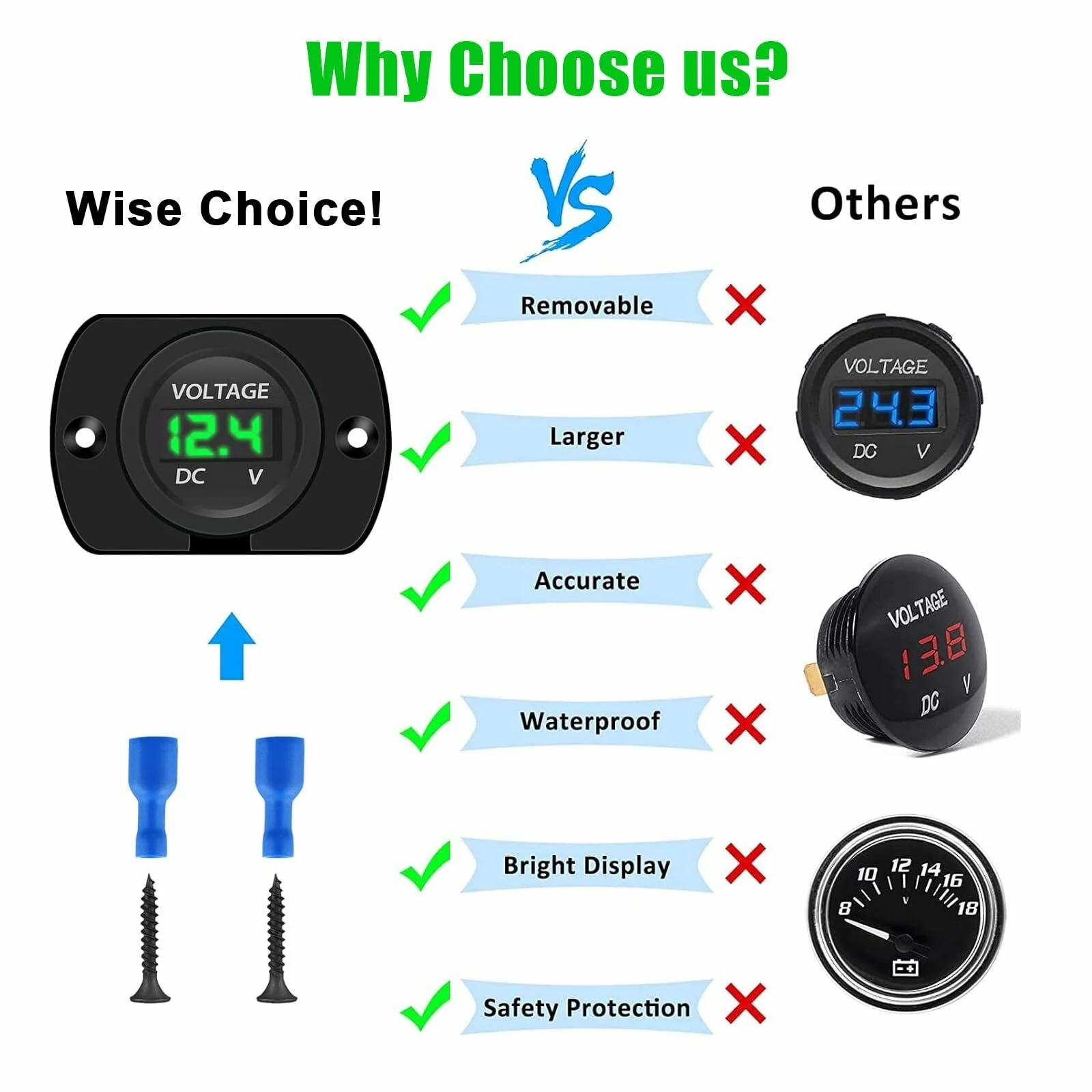 DC 12V 24V Digital LED Car Round Voltage Meter Panel Waterproof Voltmeter Tester LED Digital Display Mounting Plate Voltage Gauge Meter with Terminals for Boat Marine Vehicle Motorcycle Truck — view 4