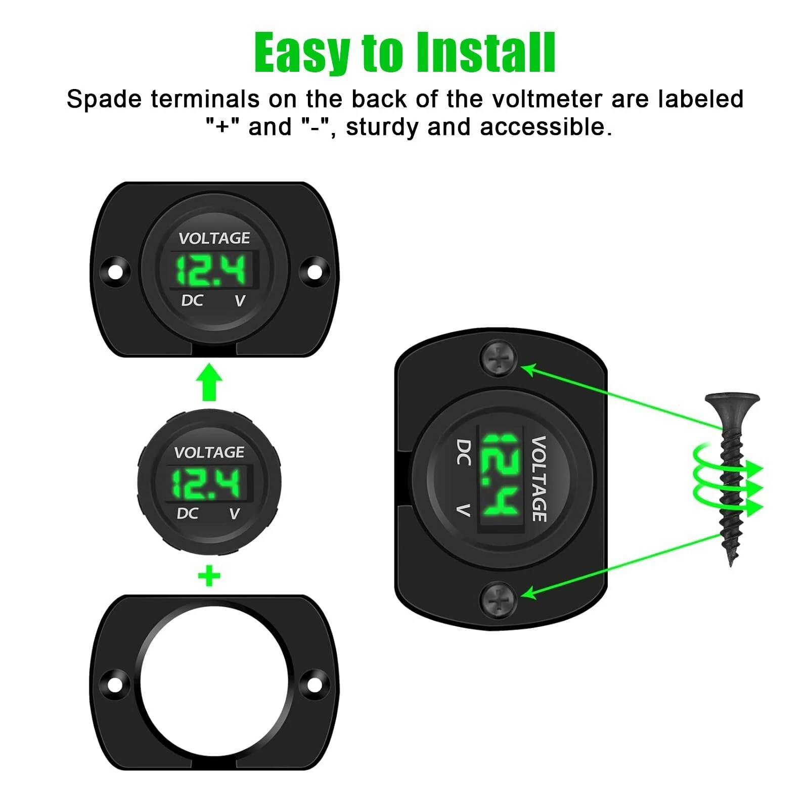 DC 12V 24V Digital LED Car Round Voltage Meter Panel Waterproof Voltmeter Tester LED Digital Display Mounting Plate Voltage Gauge Meter with Terminals for Boat Marine Vehicle Motorcycle Truck — view 5