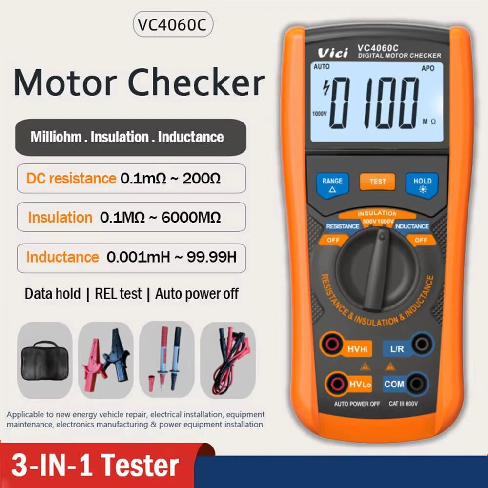 Digital Motor Checker VC4060C 3-in-1 Tester Insulation Resistance DC Resistance Inductance Auto Power Off Backlit Screen Electrical Installation Equipment Maintenance — view 5