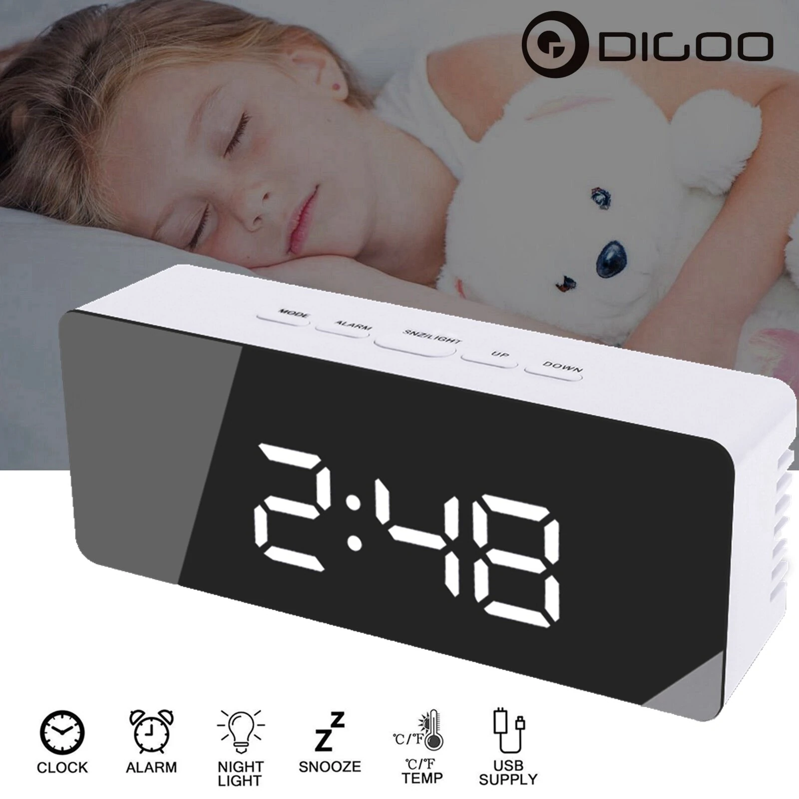Digoo Wireless USB Mirror Alarm Clock LED Digital Therometer Temperature Night Mode Black DG-DM1 — view 3