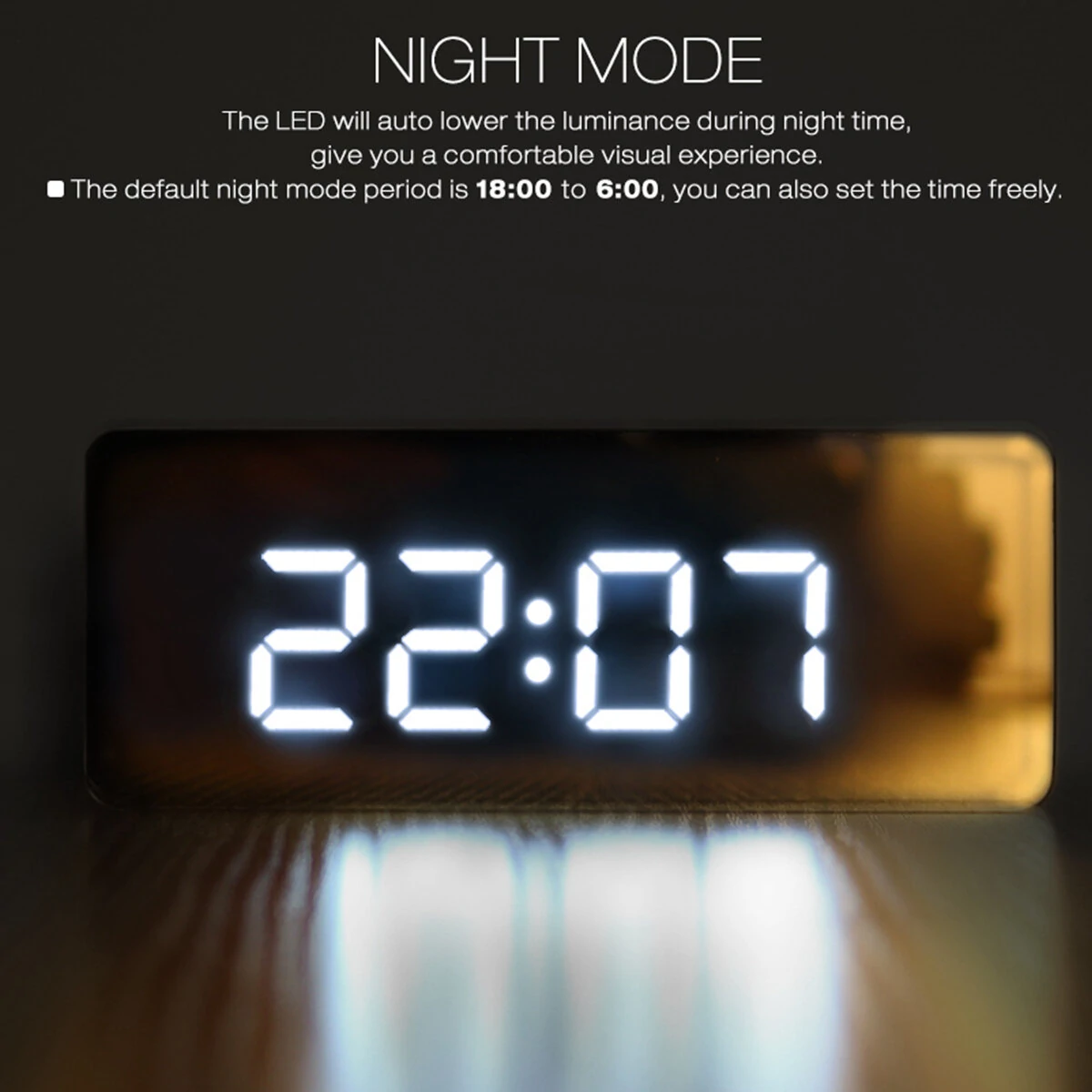 Digoo Wireless USB Mirror Alarm Clock LED Digital Therometer Temperature Night Mode Black DG-DM1 — view 4