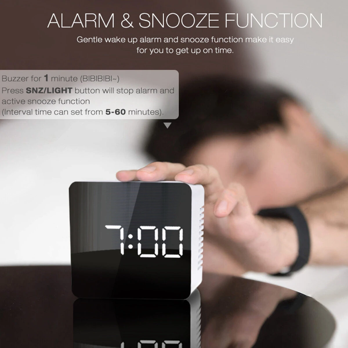 Digoo Wireless USB Mirror Alarm Clock LED Digital Therometer Temperature Night Mode Black DG-DM1 — view 7