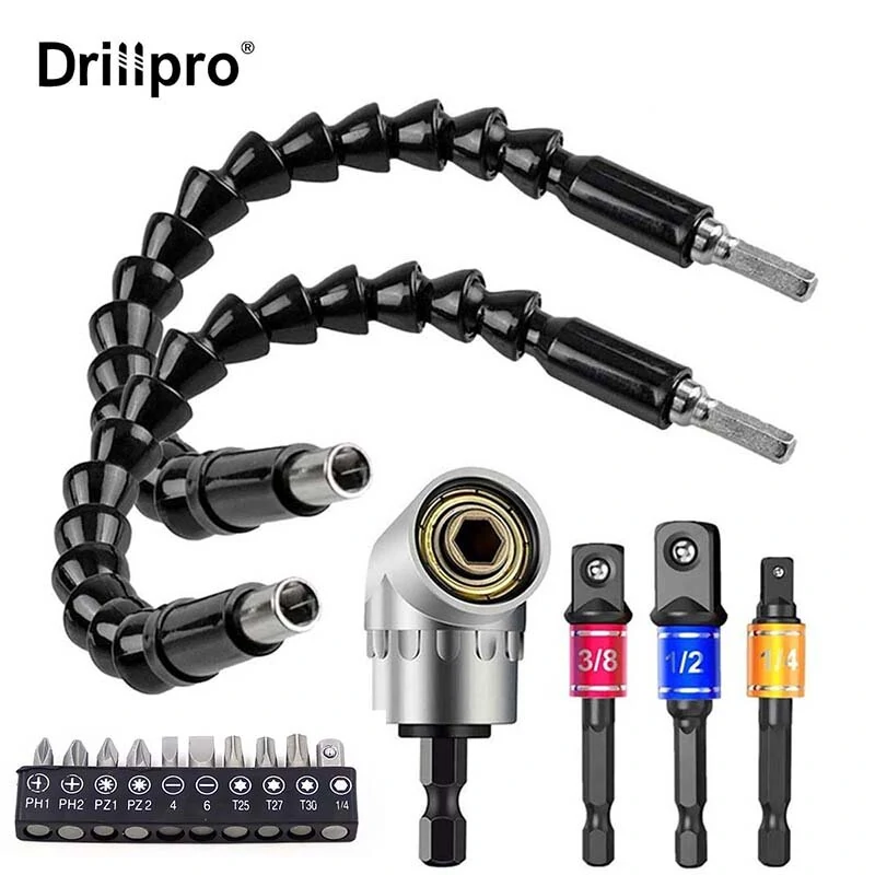 Drillpro 16Pcs/Set Flexible Drill Extension Hex Shank Drill Nut Driver Bit Set Bendable Drill Bit Extension+Universal Socket Adapter+Screwdriver Bit+Right Angle Drill Extension